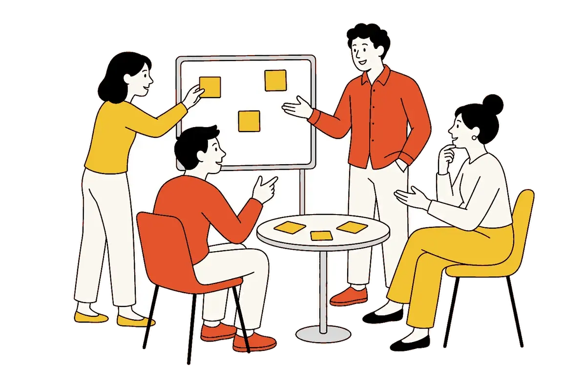 付箋やホワイトボードを使ってチームで話し合うイラスト